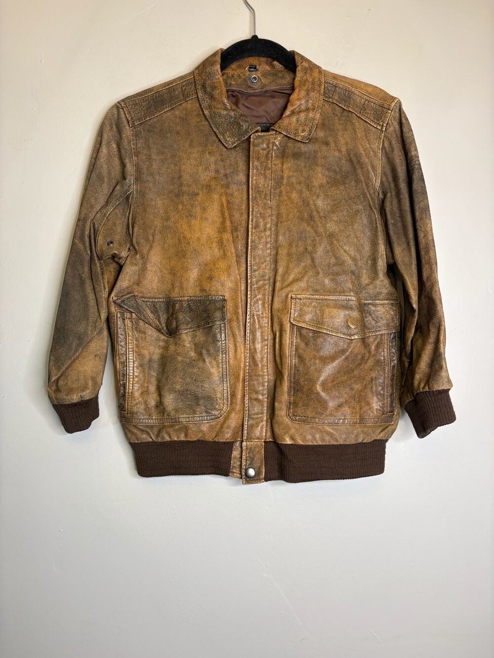 VTG Saks Fifth Avenue Leather Bomber Jacket Brown Size 20 Full Zip Pilot Flight - Picture 1 of 5
